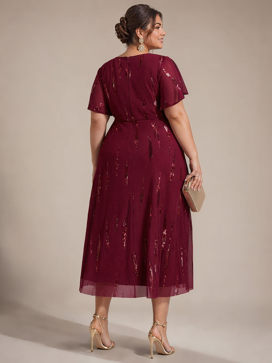 robe midi ajustée à manches courtes en V avec sequins et manches volantes #Couleur_Bordeaux