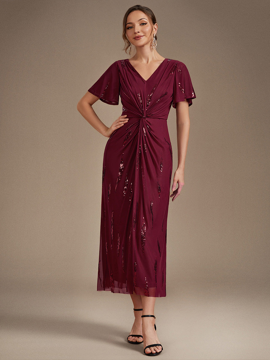 robe midi ajustée à manches courtes en V avec sequins et manches volantes #Couleur_Bordeaux
