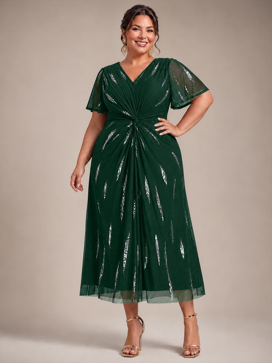 robe midi ajustée à manches courtes en V avec sequins et manches volantes #Couleur_Vert Fonce