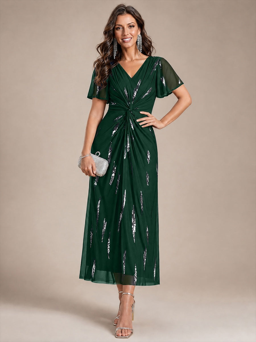 robe midi ajustée à manches courtes en V avec sequins et manches volantes #Couleur_Vert Fonce