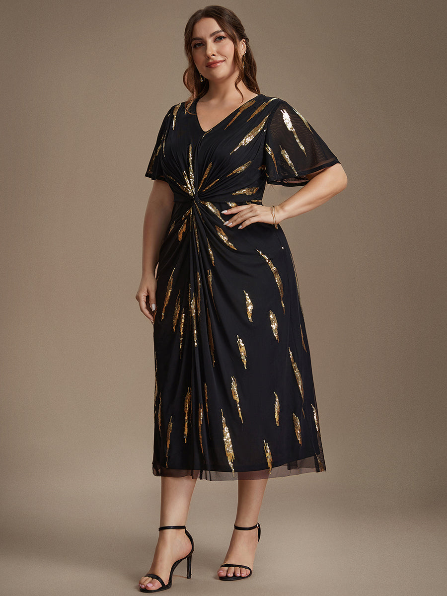 robe midi ajustée à manches courtes en V avec sequins et manches volantes #Couleur_Noir & Or