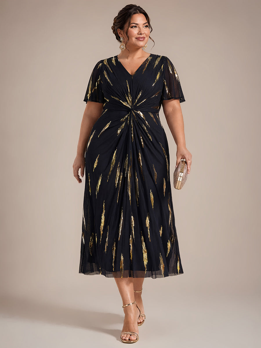 robe midi ajustée à manches courtes en V avec sequins et manches volantes #Couleur_Noir / Or métallique
