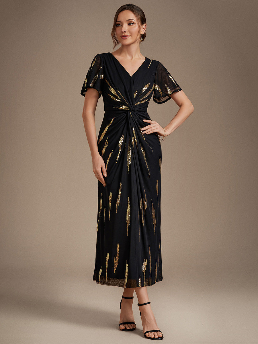 robe midi ajustée à manches courtes en V avec sequins et manches volantes #Couleur_Noir & Or