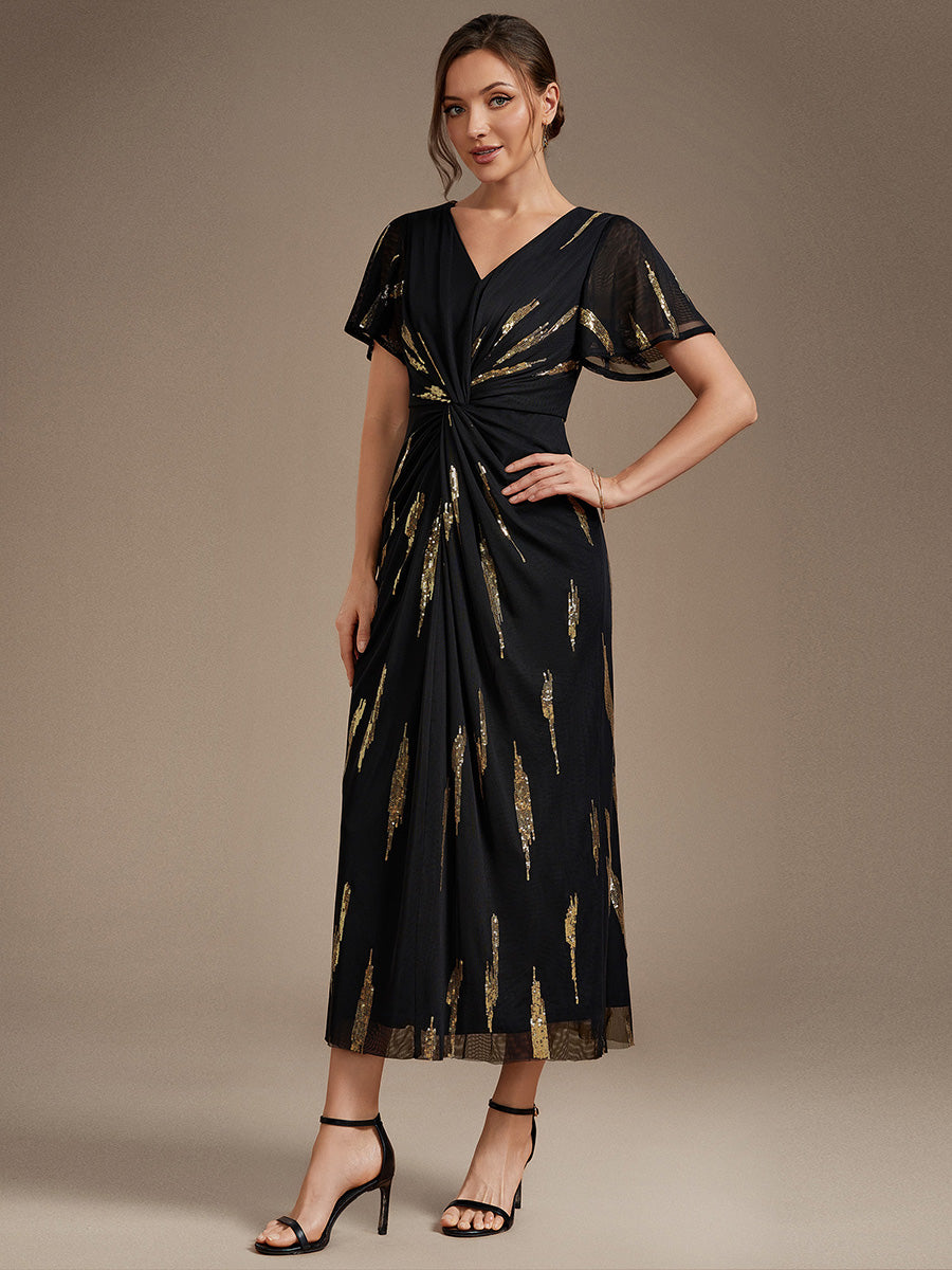 robe midi ajustée à manches courtes en V avec sequins et manches volantes #Couleur_Noir & Or