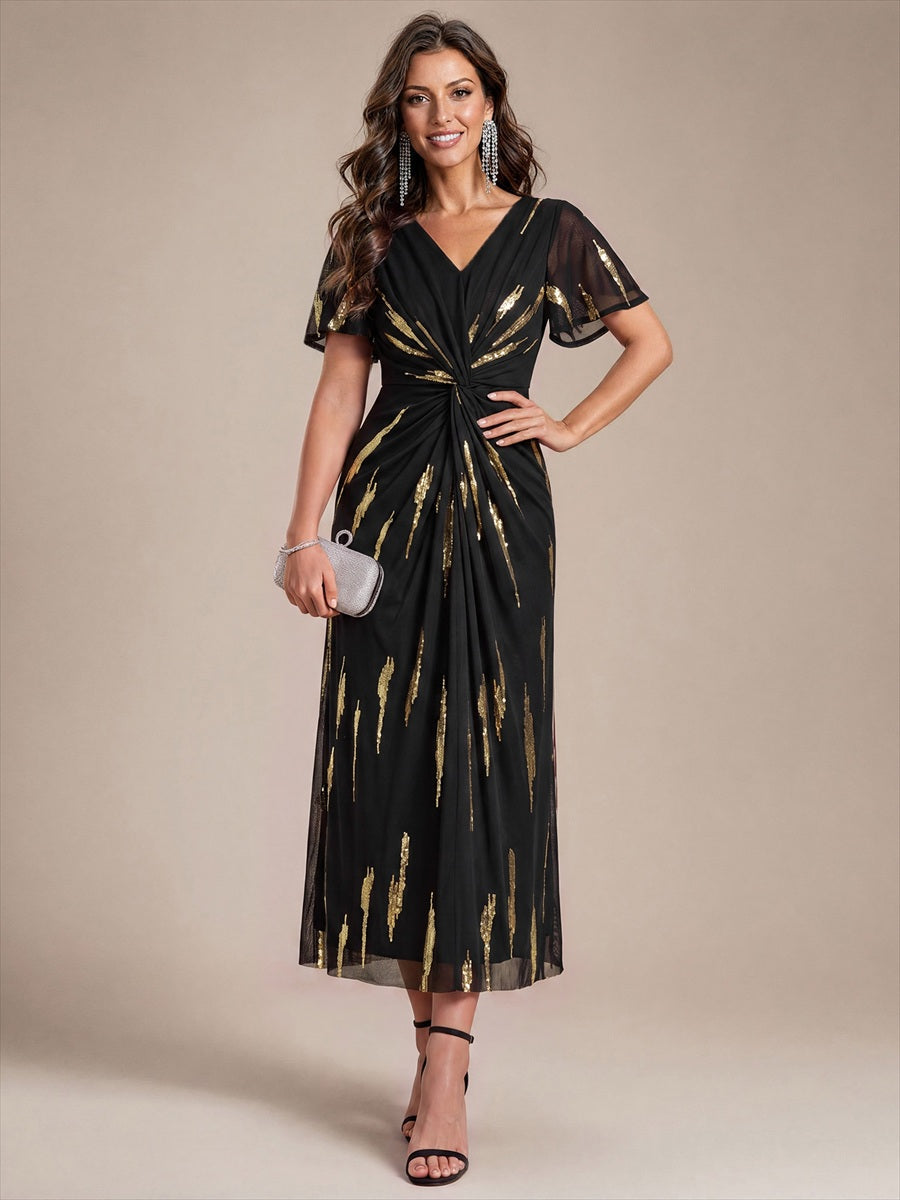 robe midi ajustée à manches courtes en V avec sequins et manches volantes #Couleur_Noir / Or métallique