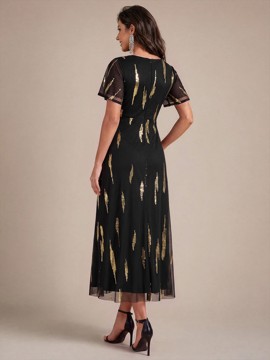 robe midi ajustée à manches courtes en V avec sequins et manches volantes #Couleur_Noir / Or métallique