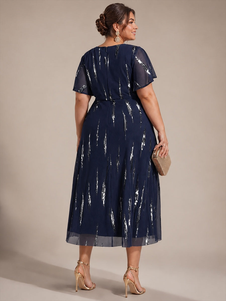 robe midi ajustée à manches courtes en V avec sequins et manches volantes #Couleur_Bleu Marine