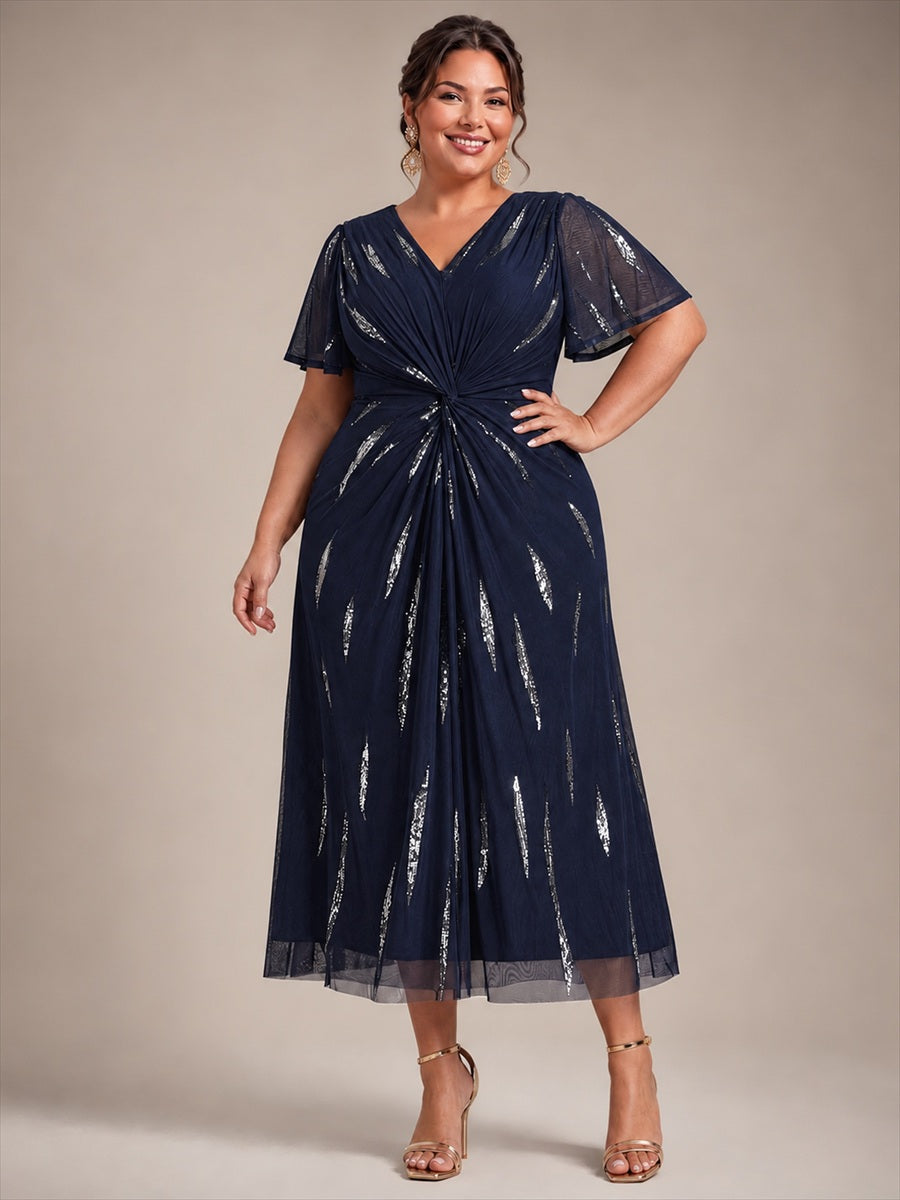robe midi ajustée à manches courtes en V avec sequins et manches volantes #Couleur_Bleu Marine