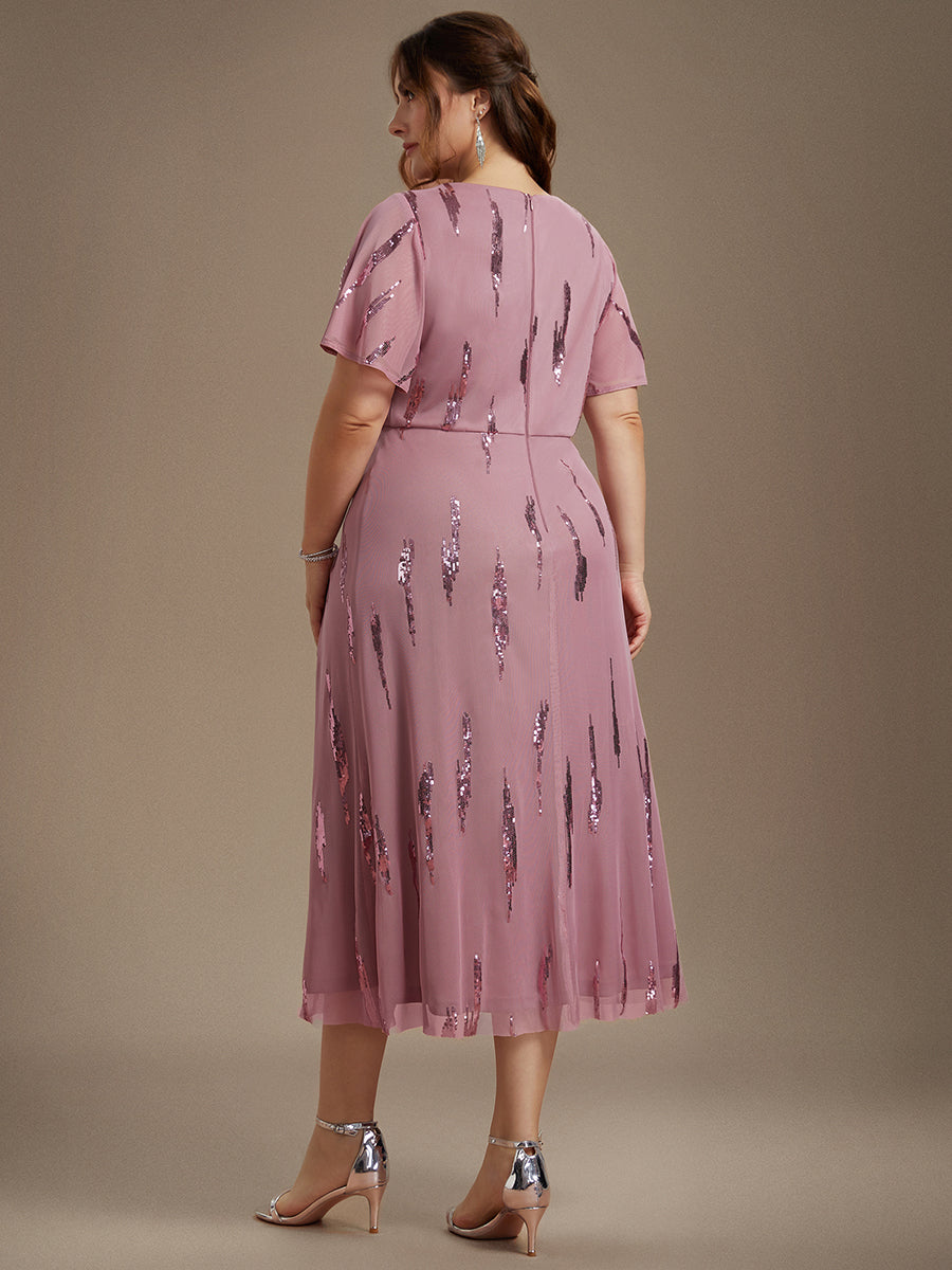 robe midi ajustée à manches courtes en V avec sequins et manches volantes #Couleur_Orchidee