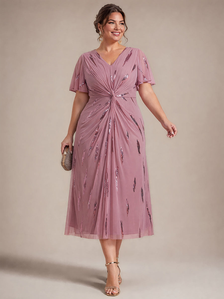 robe midi ajustée à manches courtes en V avec sequins et manches volantes #Couleur_Orchidee