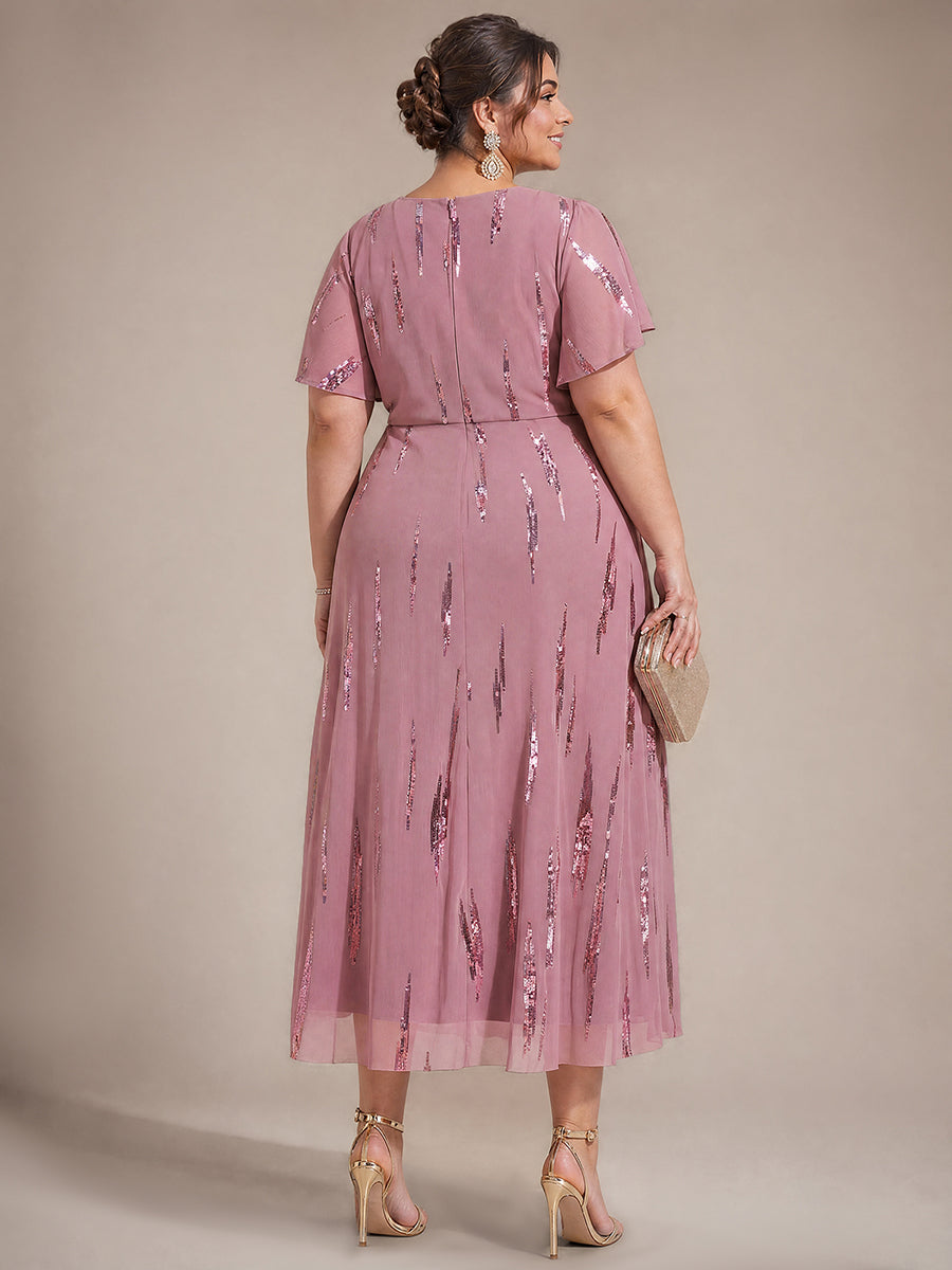 robe midi ajustée à manches courtes en V avec sequins et manches volantes #Couleur_Orchidee