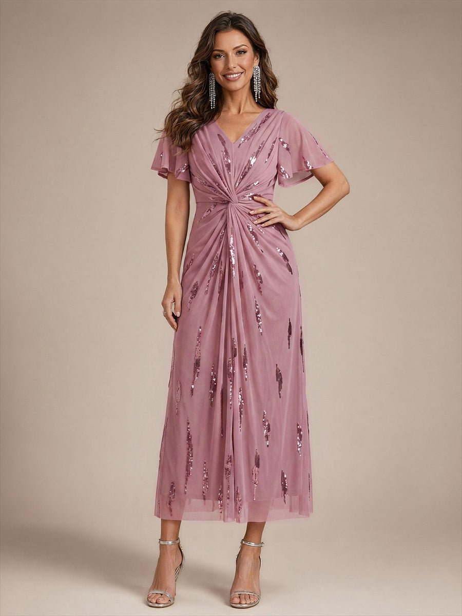 robe midi ajustée à manches courtes en V avec sequins et manches volantes #Couleur_Orchidee