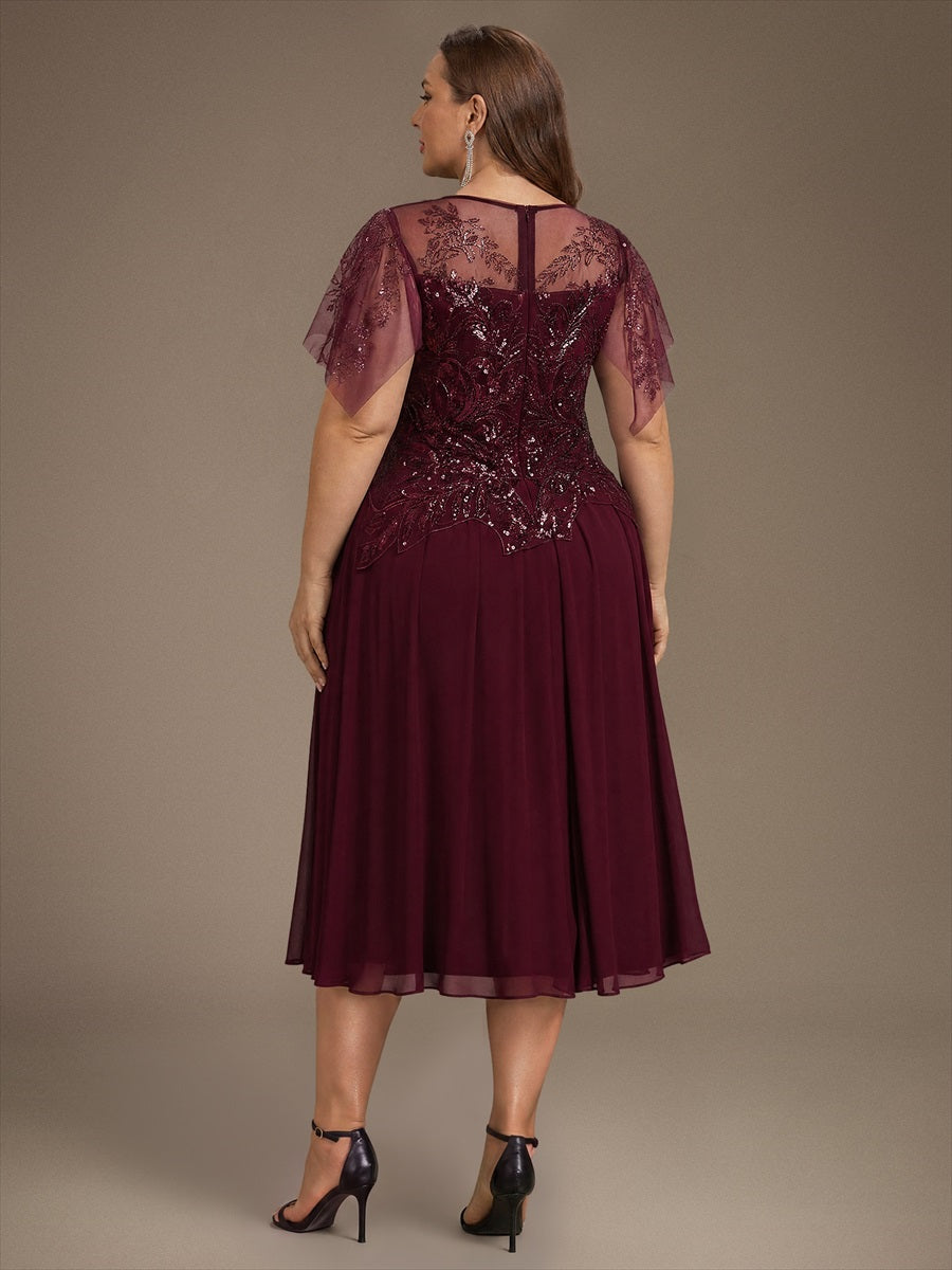 Robe midi A ligne à manches courtes en sequins avec col rond et volants #Couleur_Bordeaux