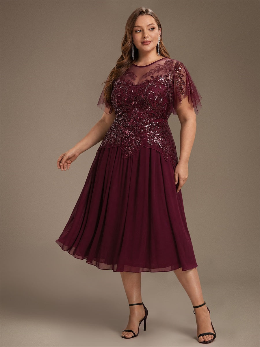 Robe midi A ligne à manches courtes en sequins avec col rond et volants #Couleur_Bordeaux