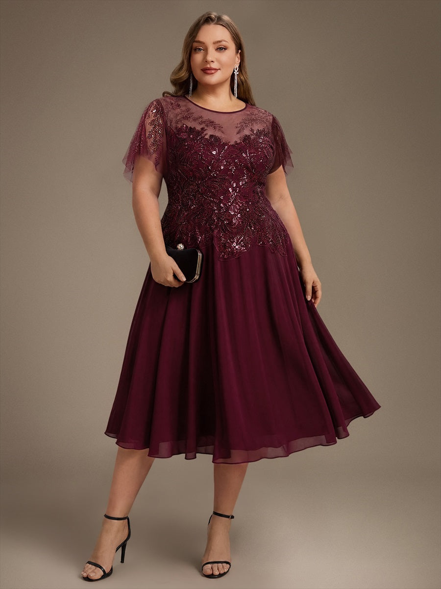Robe midi A ligne à manches courtes en sequins avec col rond et volants #Couleur_Bordeaux