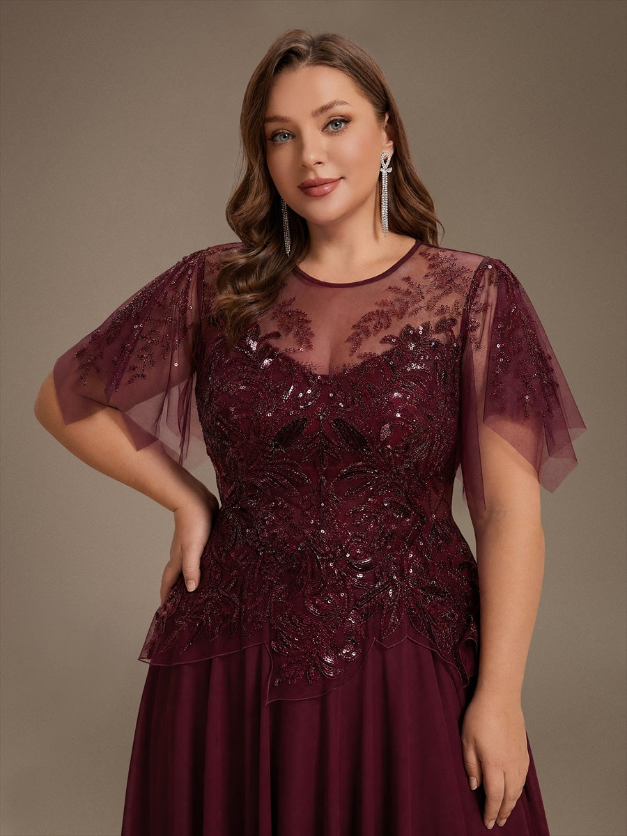 Robe midi A ligne à manches courtes en sequins avec col rond et volants #Couleur_Bordeaux