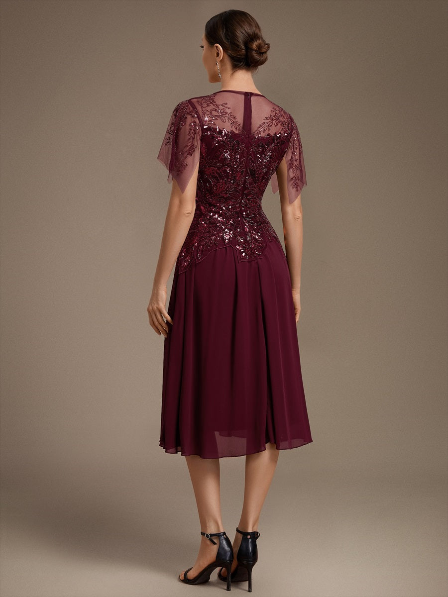 Robe midi A ligne à manches courtes en sequins avec col rond et volants #Couleur_Bordeaux