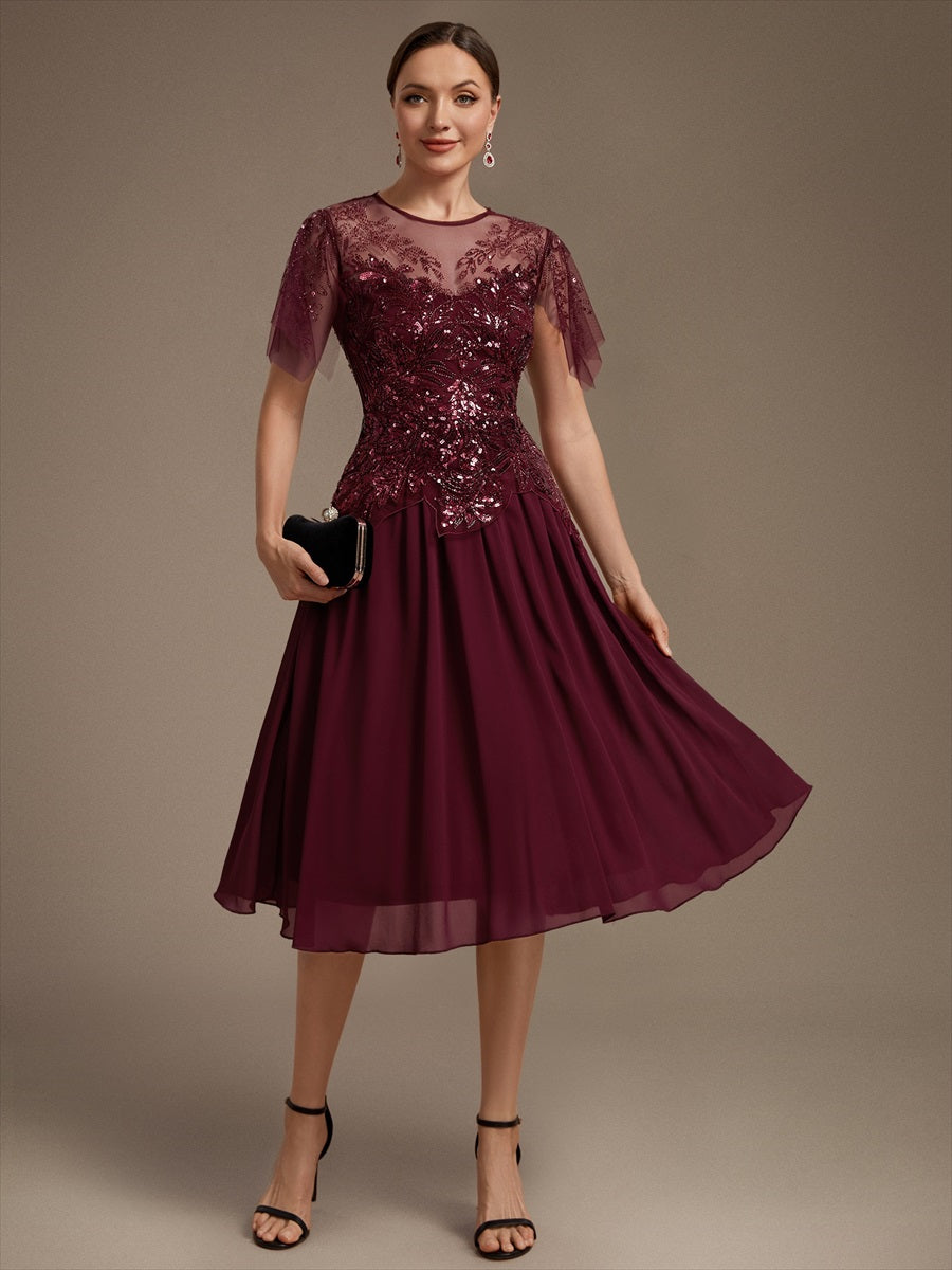 Robe midi A ligne à manches courtes en sequins avec col rond et volants #Couleur_Bordeaux