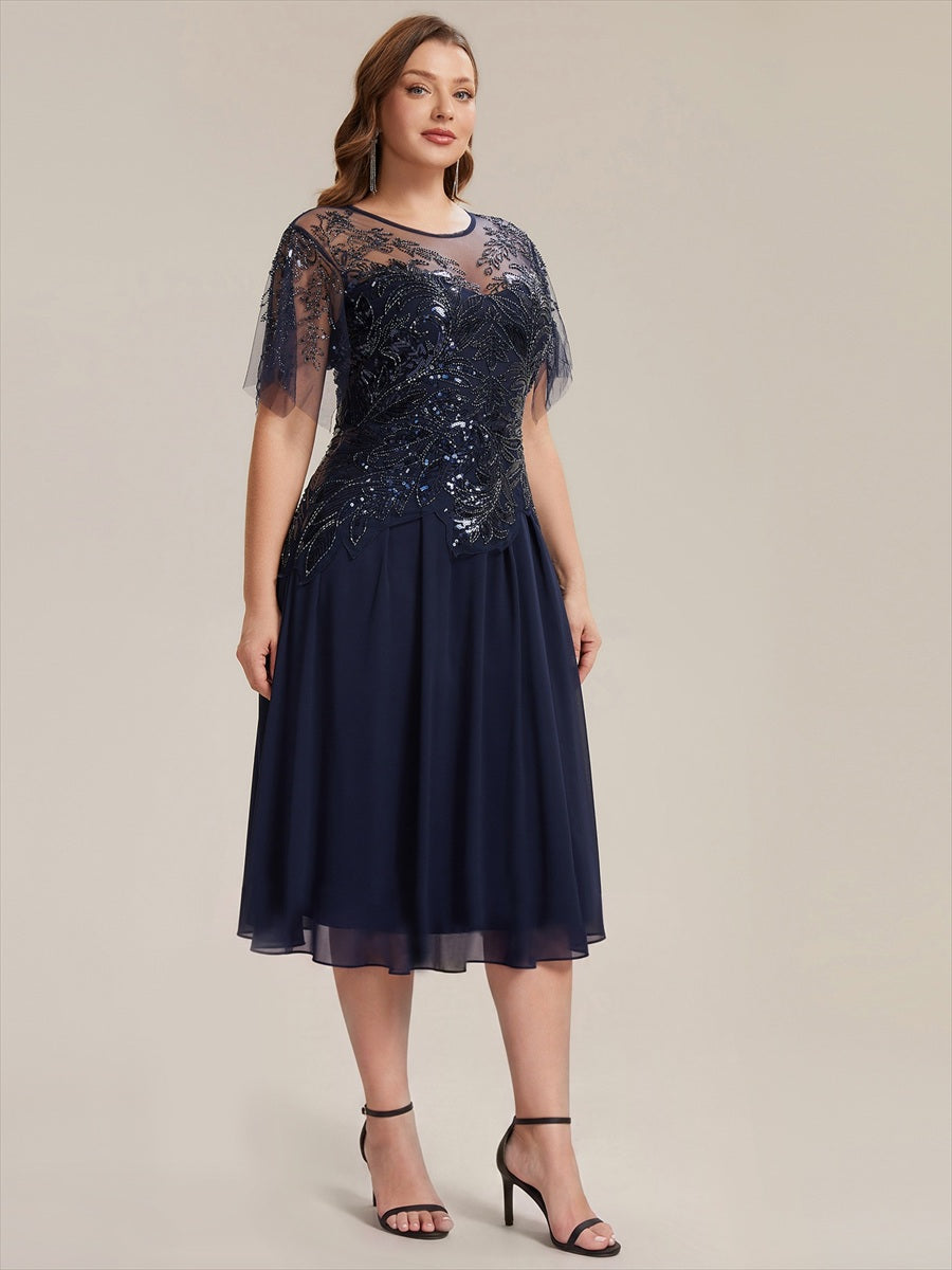 Robe midi A ligne à manches courtes en sequins avec col rond et volants #Couleur_Bleu Marine