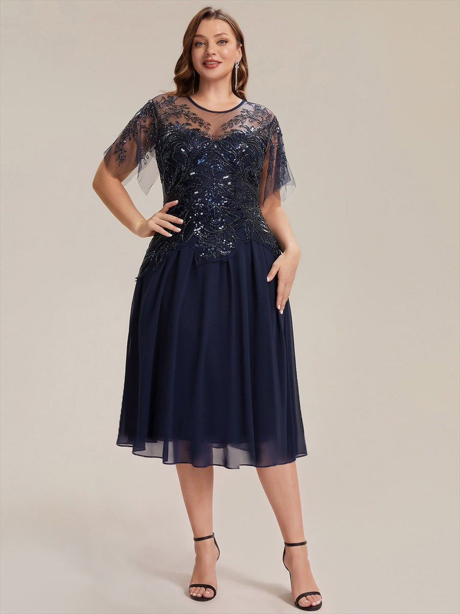 Robe midi A ligne à manches courtes en sequins avec col rond et volants #Couleur_Bleu Marine