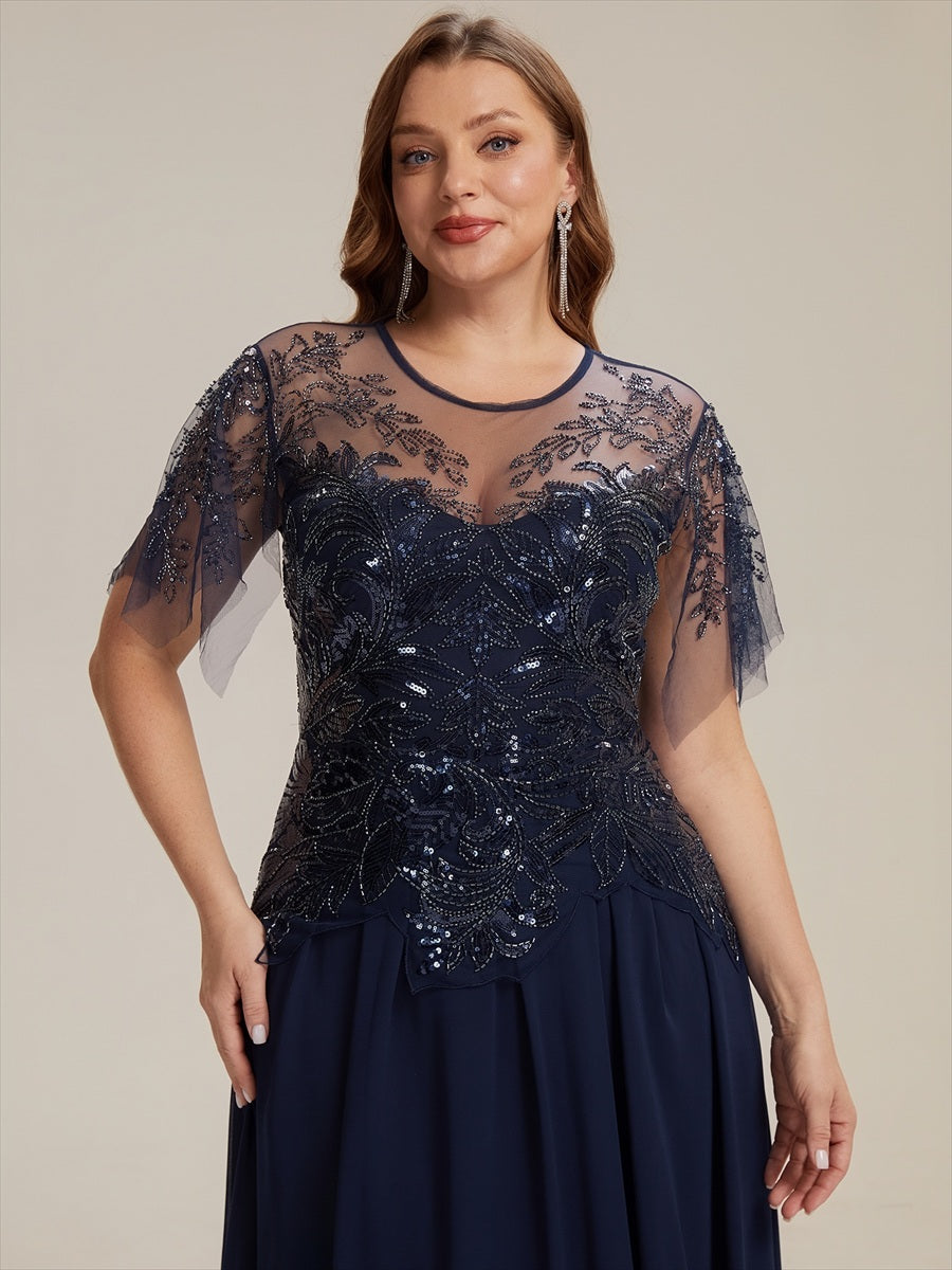 Robe midi A ligne à manches courtes en sequins avec col rond et volants #Couleur_Bleu Marine