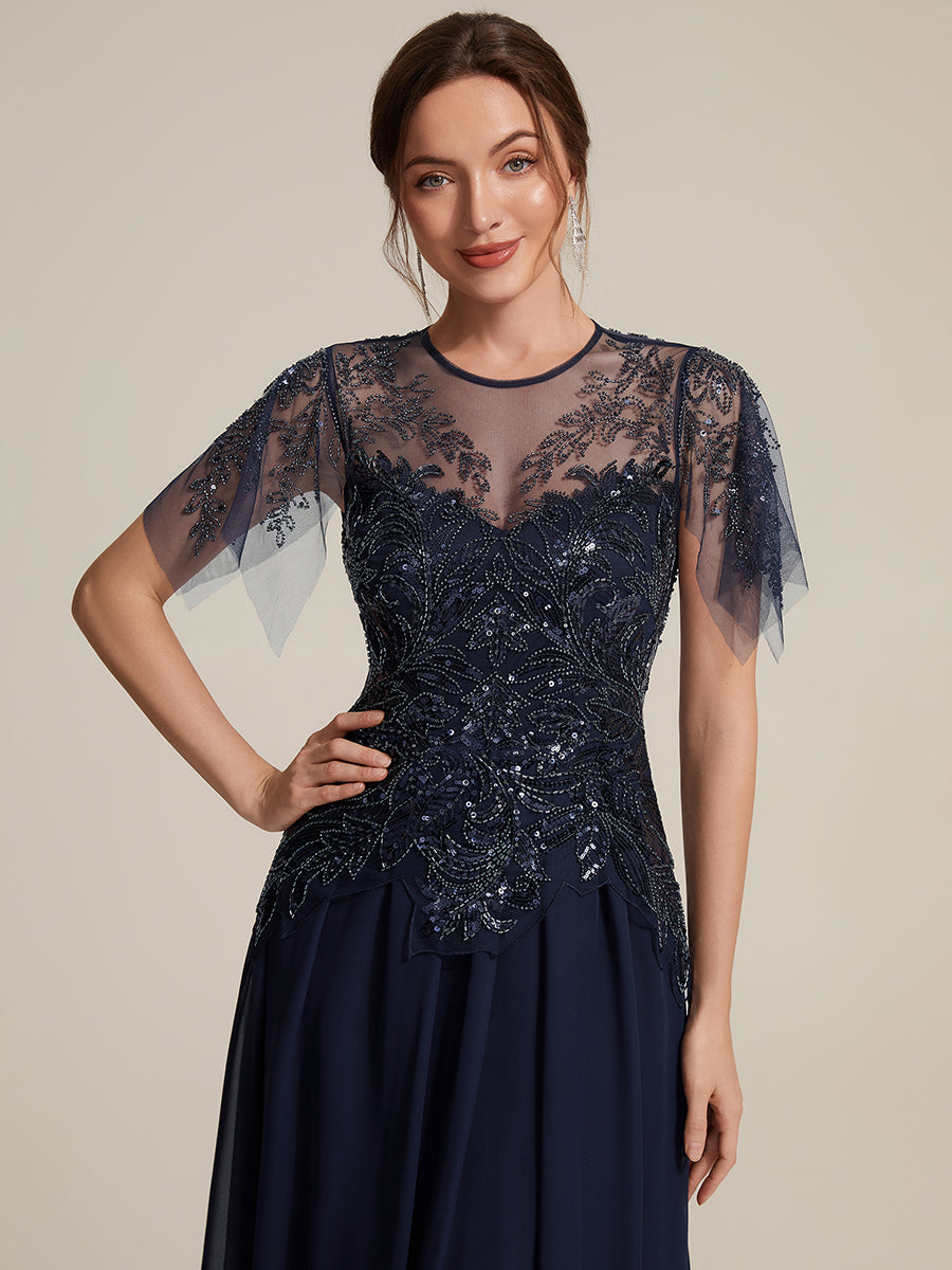 Robe midi A ligne à manches courtes en sequins avec col rond et volants #Couleur_Bleu Marine