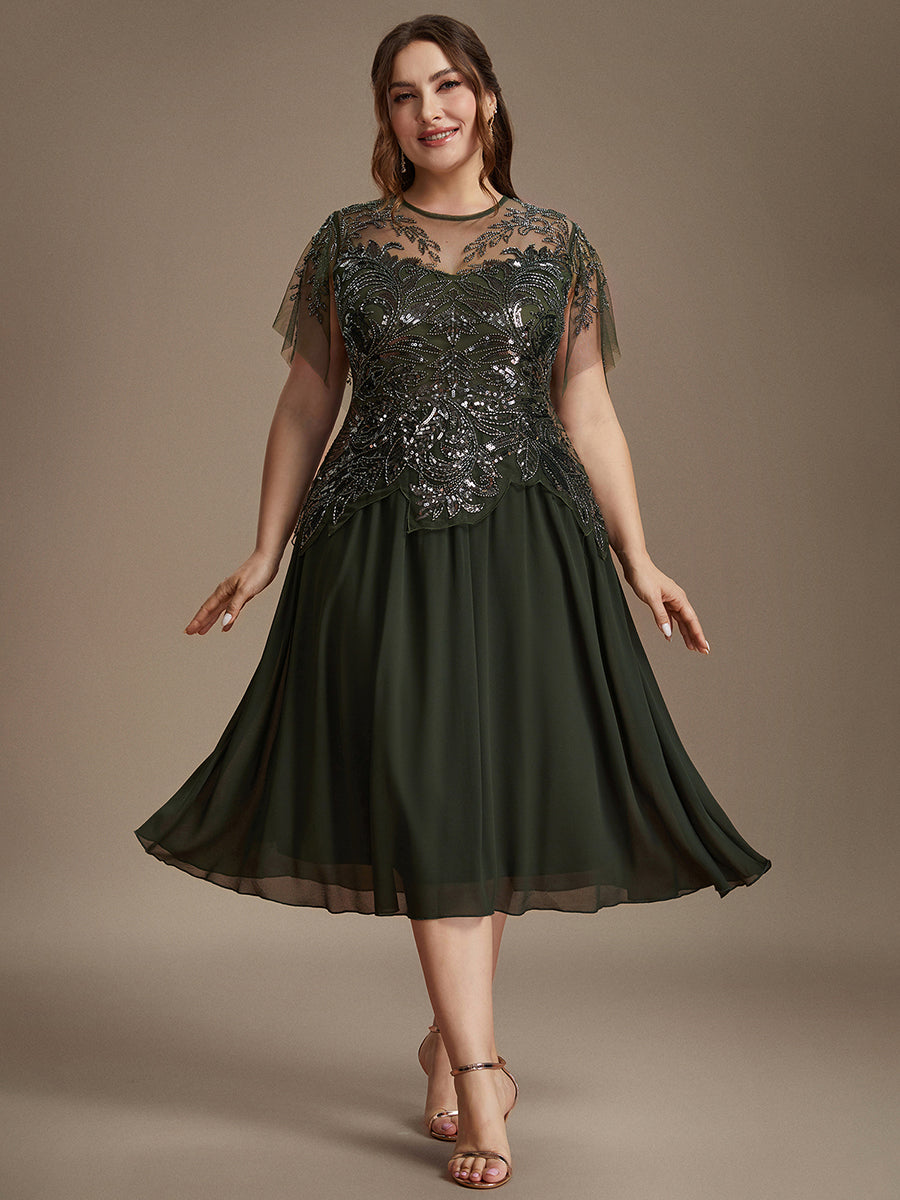 Robe midi A ligne à manches courtes en sequins avec col rond et volants #Couleur_Vert Olive
