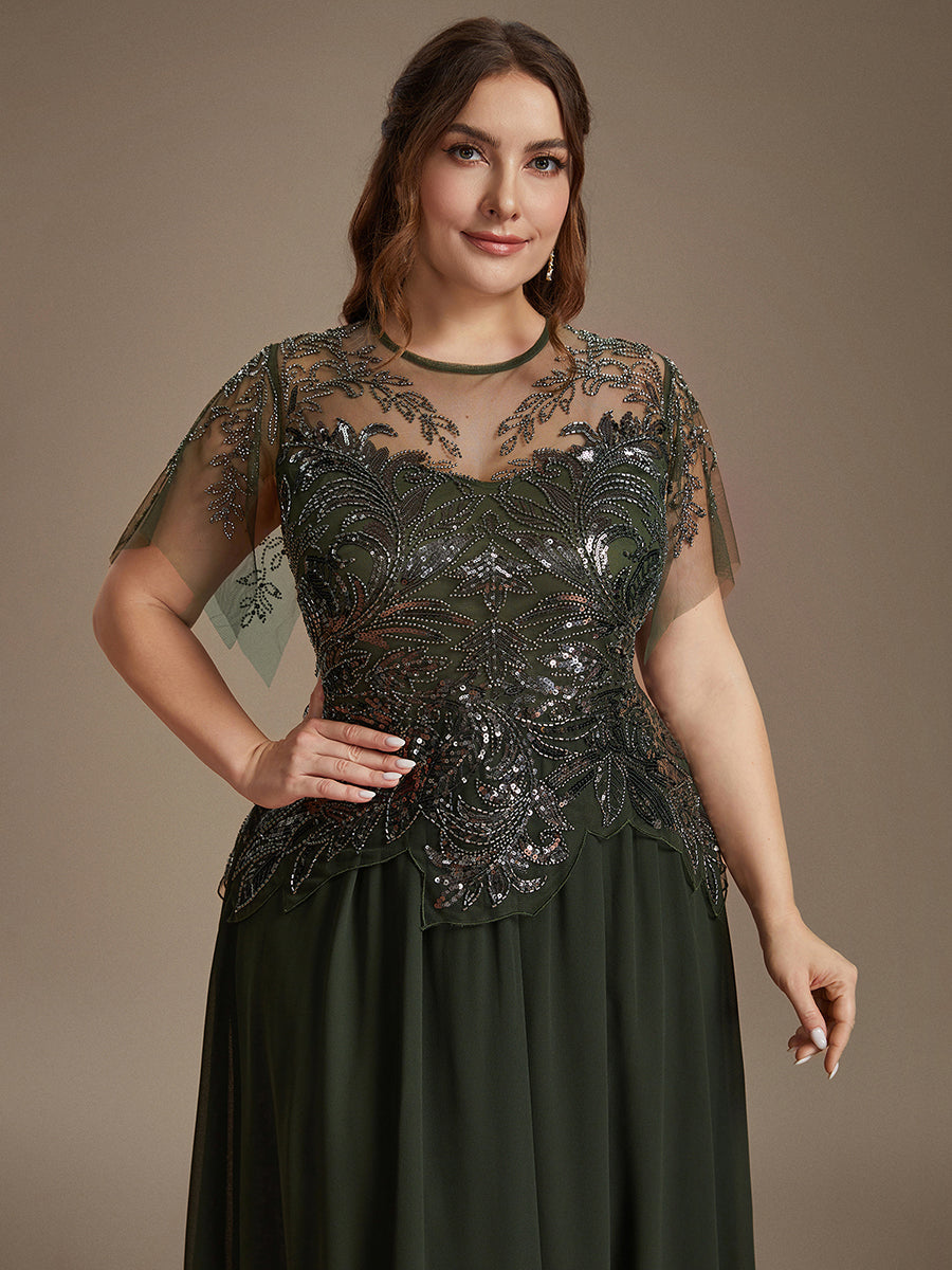 Robe midi A ligne à manches courtes en sequins avec col rond et volants #Couleur_Vert Olive