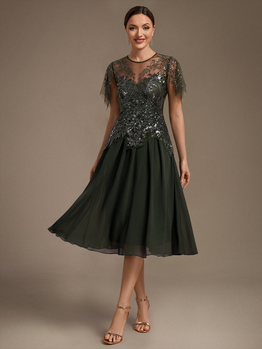 Robe midi A ligne à manches courtes en sequins avec col rond et volants #Couleur_Vert Olive