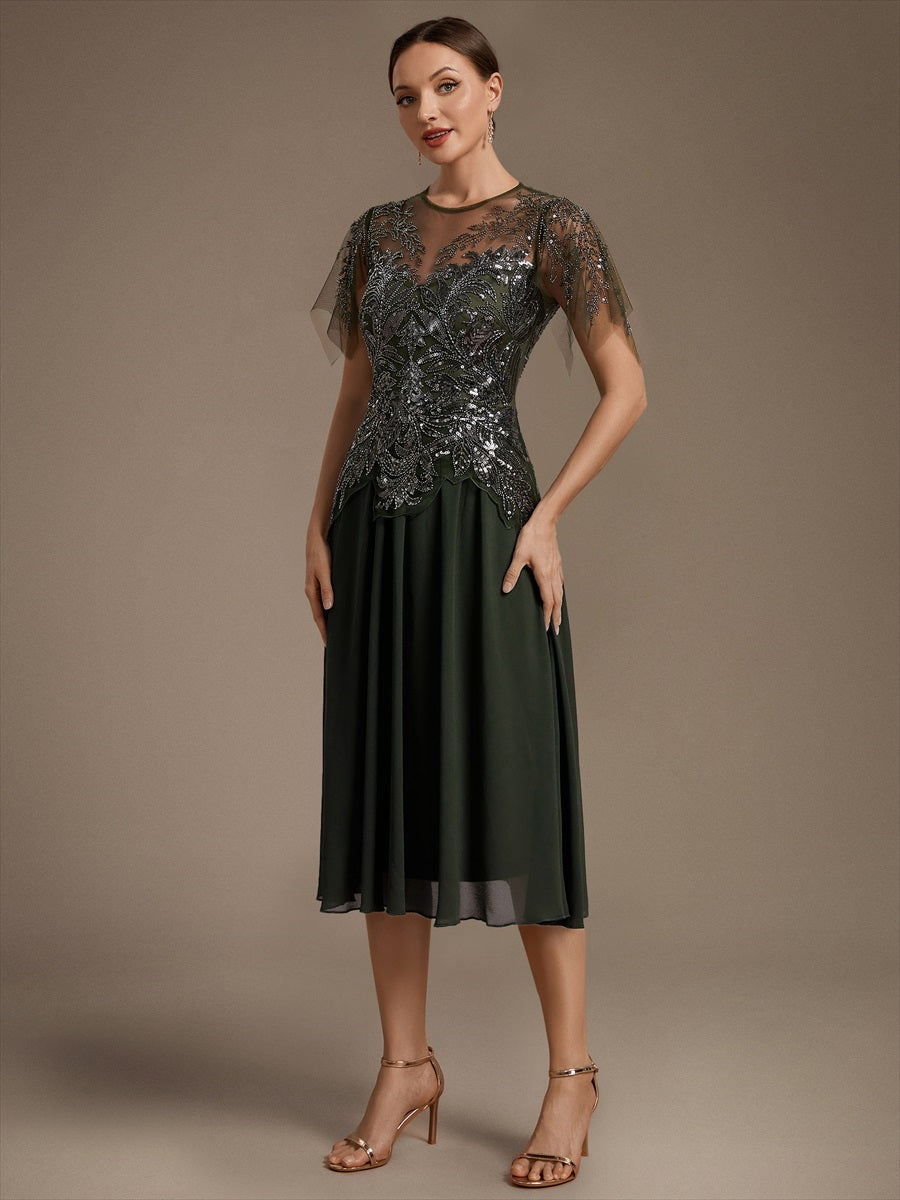 Robe midi A ligne à manches courtes en sequins avec col rond et volants #Couleur_Vert Olive
