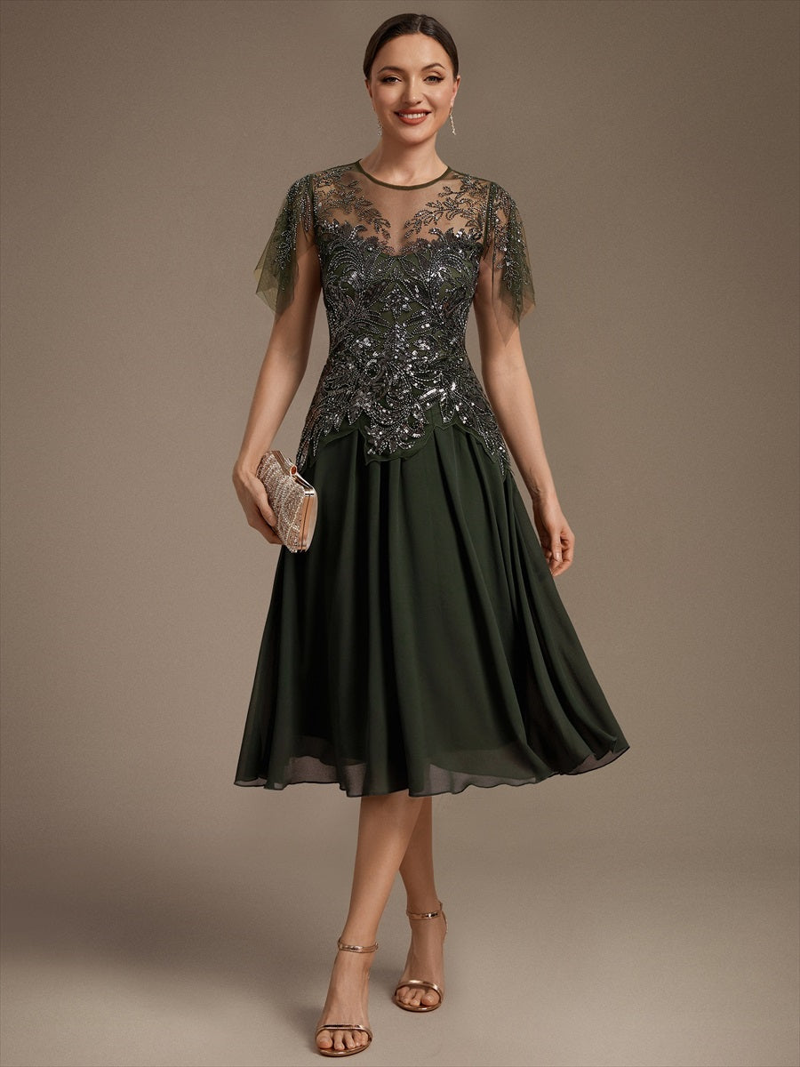 Robe midi A ligne à manches courtes en sequins avec col rond et volants #Couleur_Vert Olive