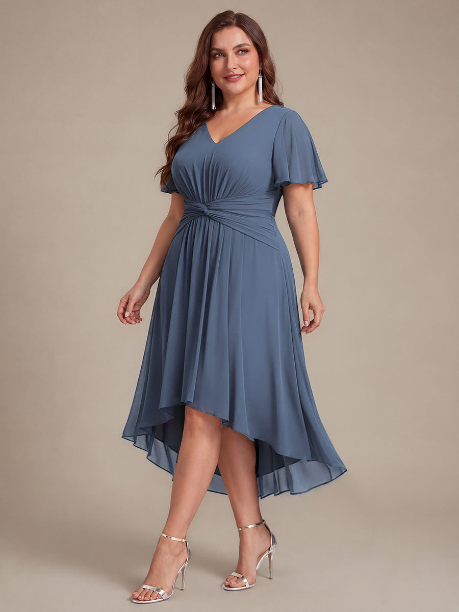 robe Aline ¨¤ manches courtes en V avec ourlet asym¨¦trique et manches volantes fermeture ¨¦clair au dos #Couleur_Marine Fume