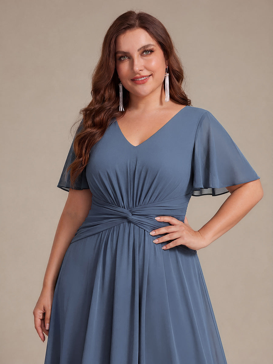 robe Aline ¨¤ manches courtes en V avec ourlet asym¨¦trique et manches volantes fermeture ¨¦clair au dos #Couleur_Marine Fume