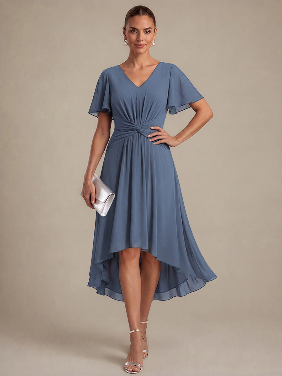robe Aline ¨¤ manches courtes en V avec ourlet asym¨¦trique et manches volantes fermeture ¨¦clair au dos #Couleur_Marine Fume