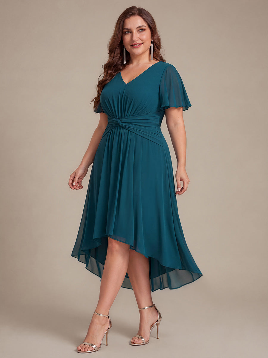 robe Aline ¨¤ manches courtes en V avec ourlet asym¨¦trique et manches volantes fermeture ¨¦clair au dos #Couleur_Bleu Sarcelle