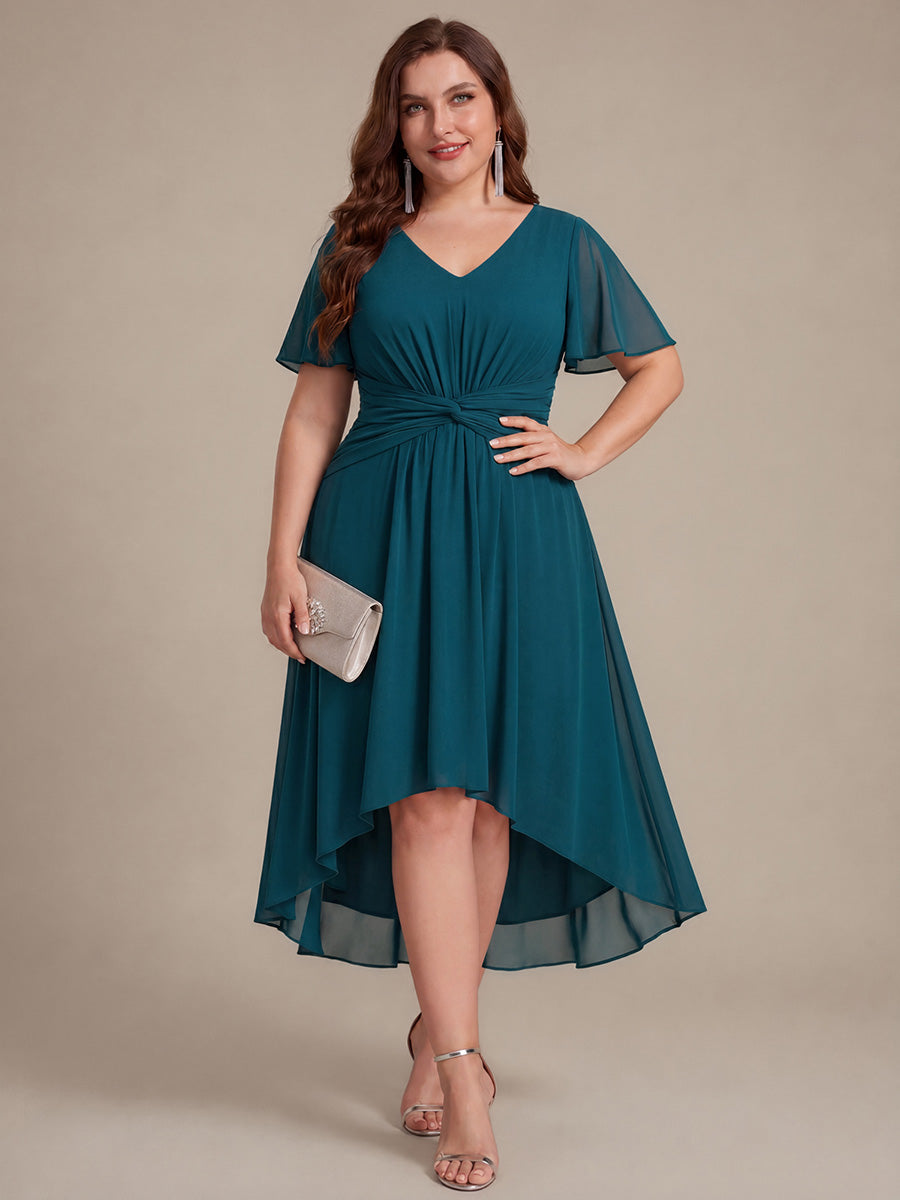 robe Aline ¨¤ manches courtes en V avec ourlet asym¨¦trique et manches volantes fermeture ¨¦clair au dos #Couleur_Bleu Sarcelle
