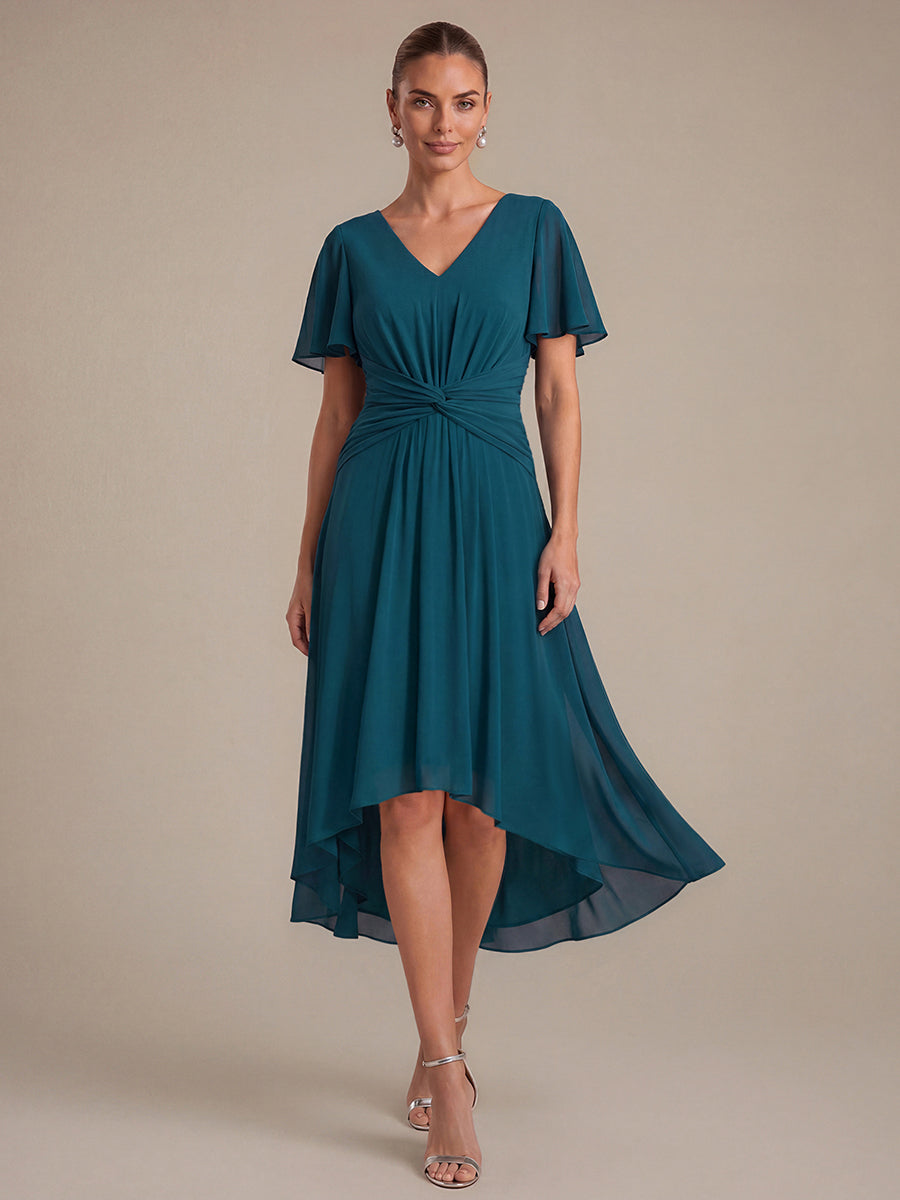 robe Aline ¨¤ manches courtes en V avec ourlet asym¨¦trique et manches volantes fermeture ¨¦clair au dos #Couleur_Bleu Sarcelle