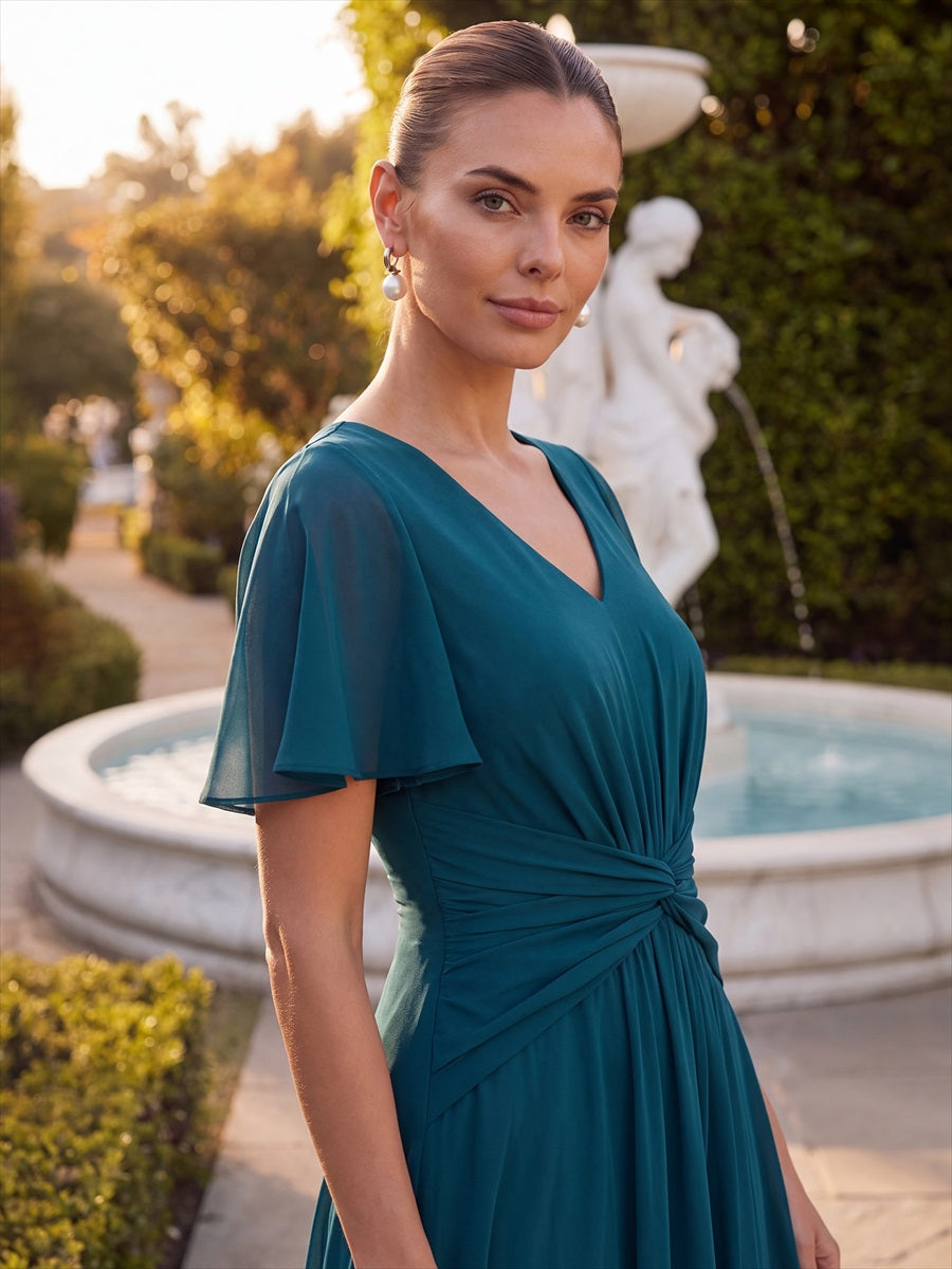 robe Aline ¨¤ manches courtes en V avec ourlet asym¨¦trique et manches volantes fermeture ¨¦clair au dos #Couleur_Bleu Sarcelle