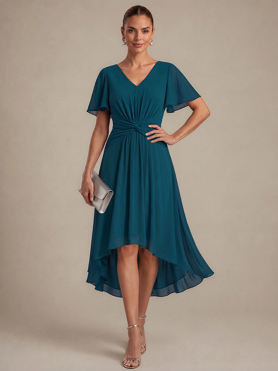 robe Aline ¨¤ manches courtes en V avec ourlet asym¨¦trique et manches volantes fermeture ¨¦clair au dos #Couleur_Bleu Sarcelle