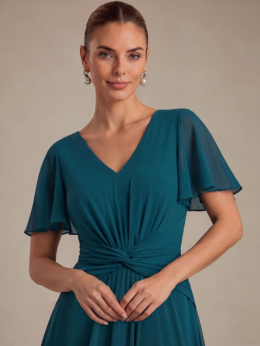 robe Aline ¨¤ manches courtes en V avec ourlet asym¨¦trique et manches volantes fermeture ¨¦clair au dos #Couleur_Bleu Sarcelle