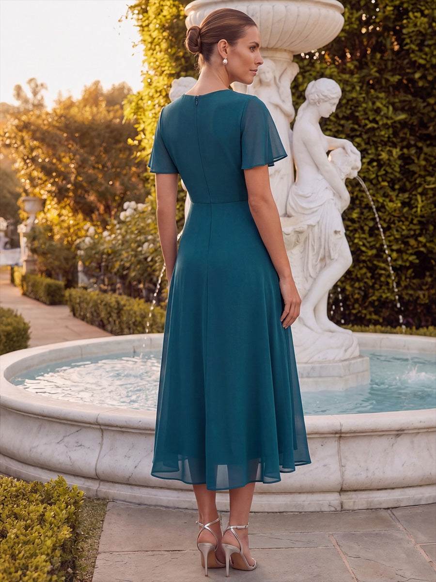 robe Aline ¨¤ manches courtes en V avec ourlet asym¨¦trique et manches volantes fermeture ¨¦clair au dos #Couleur_Bleu Sarcelle