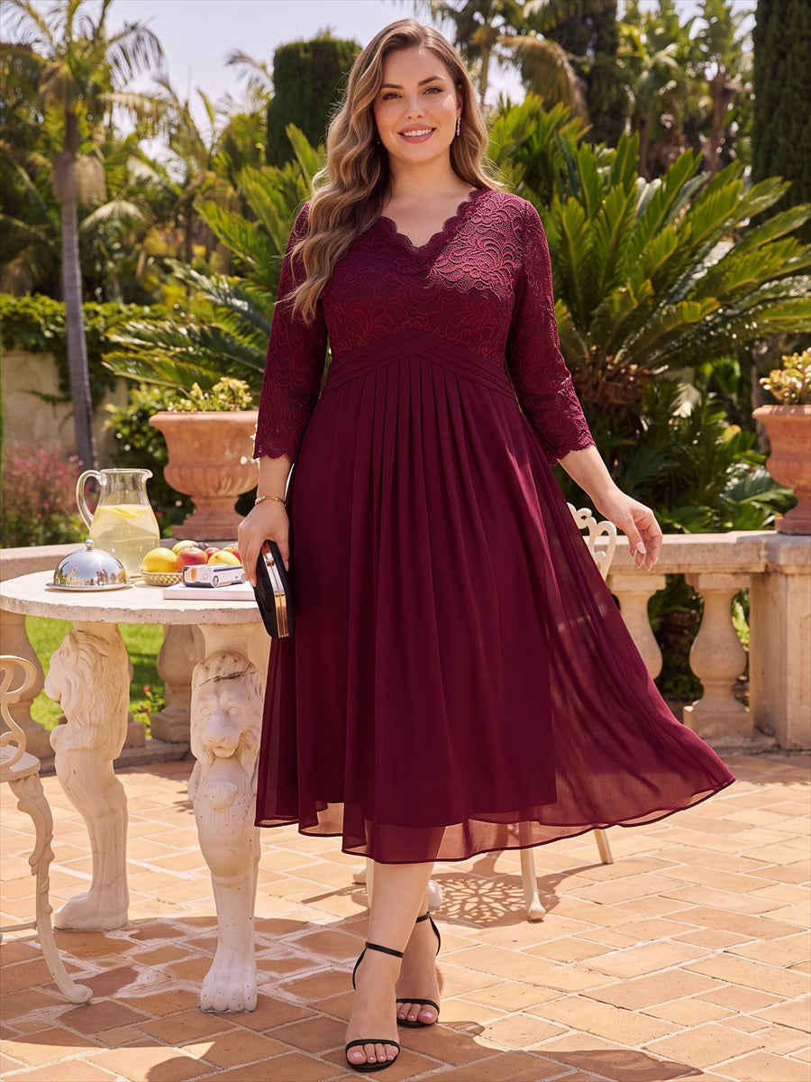 robe midi bodycon à manches trois quarts et décolleté en V avec fermeture éclair au dos #Couleur_Bordeaux