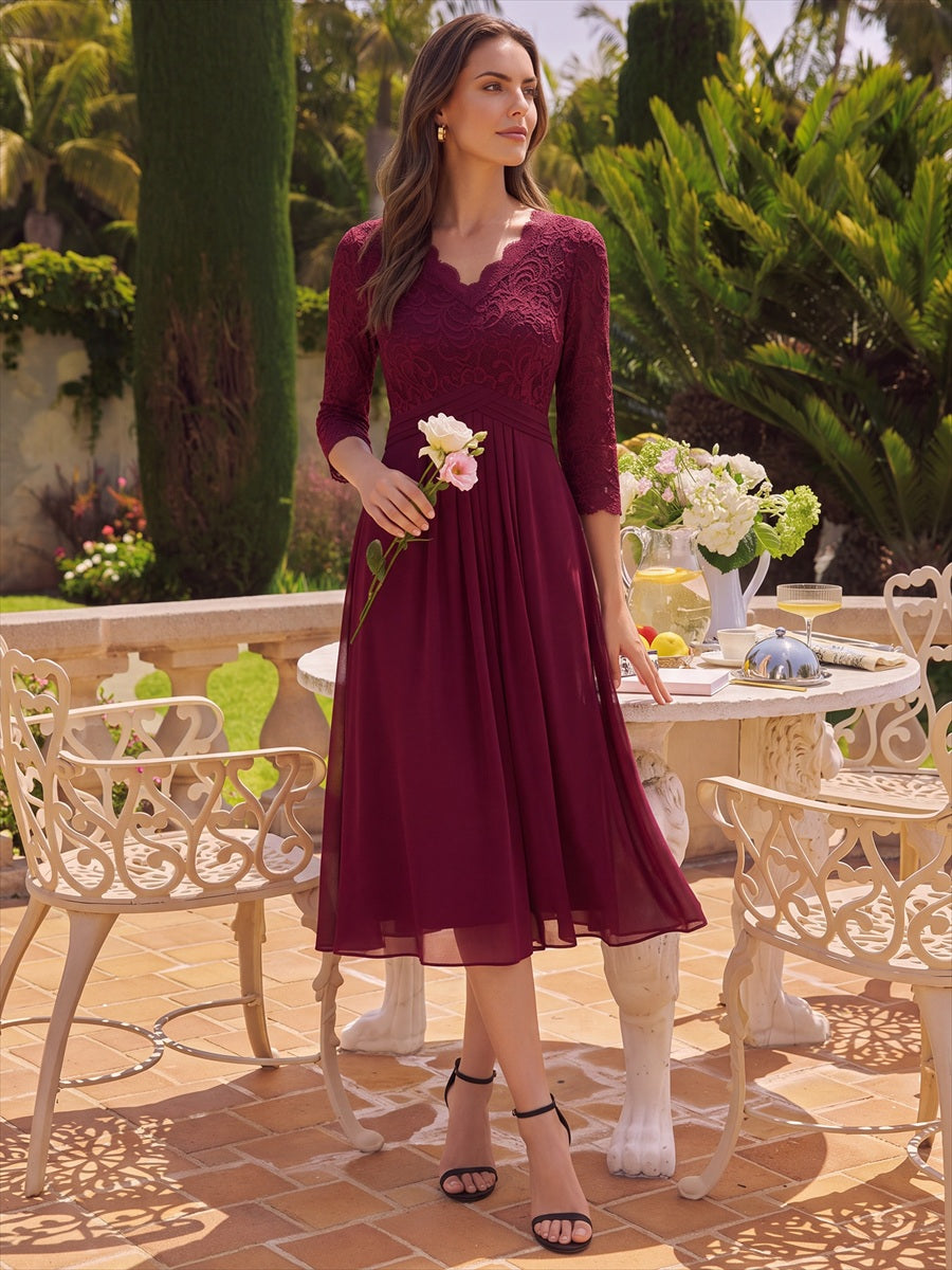 robe midi bodycon à manches trois quarts et décolleté en V avec fermeture éclair au dos #Couleur_Bordeaux