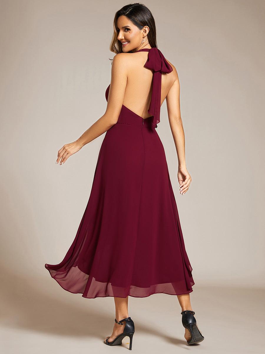 Robe d'invité de mariage en mousseline de soie dos nu dos nu à lacets haute et basse #Couleur_Bordeaux