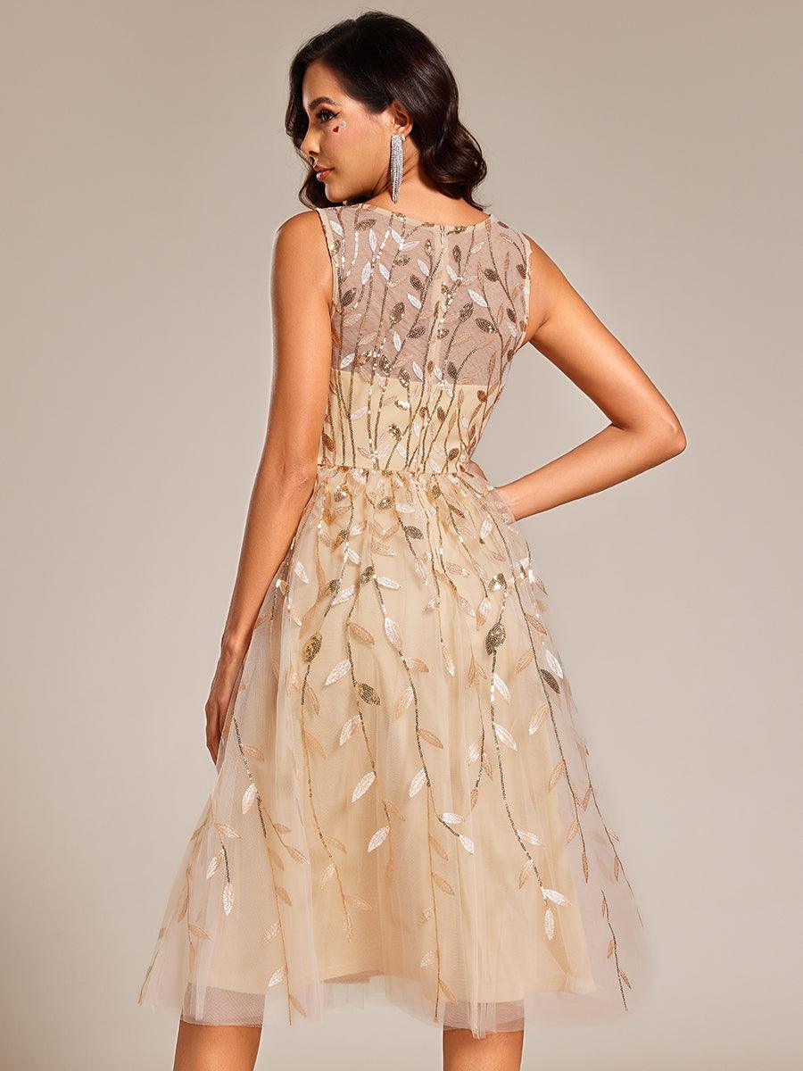 Robe d'invitée de mariage mi-longue à paillettes et col rond sans manches #Couleur_Dorée