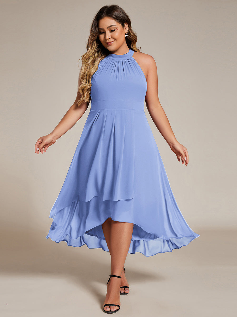 Robe d'invité de mariage mi-longue sans manches et col licou en mousseline de soie #Couleur_Bleu Bleuet