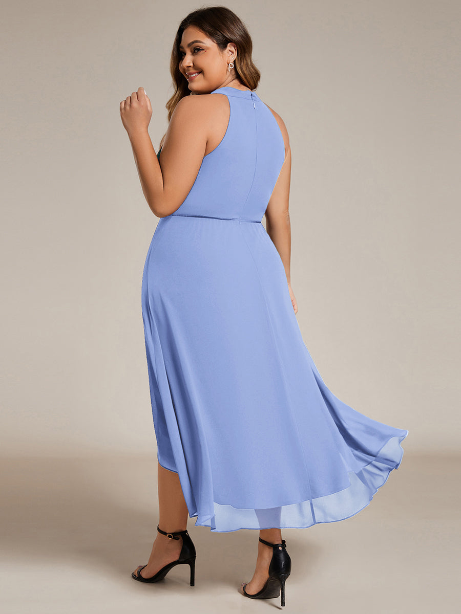 Robe d'invité de mariage mi-longue sans manches et col licou en mousseline de soie #Couleur_Bleu Bleuet