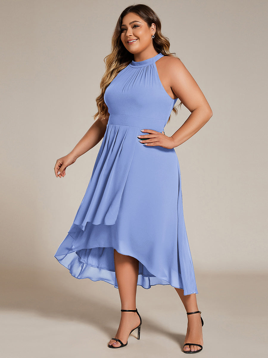 Robe d'invité de mariage mi-longue sans manches et col licou en mousseline de soie #Couleur_Bleu Bleuet