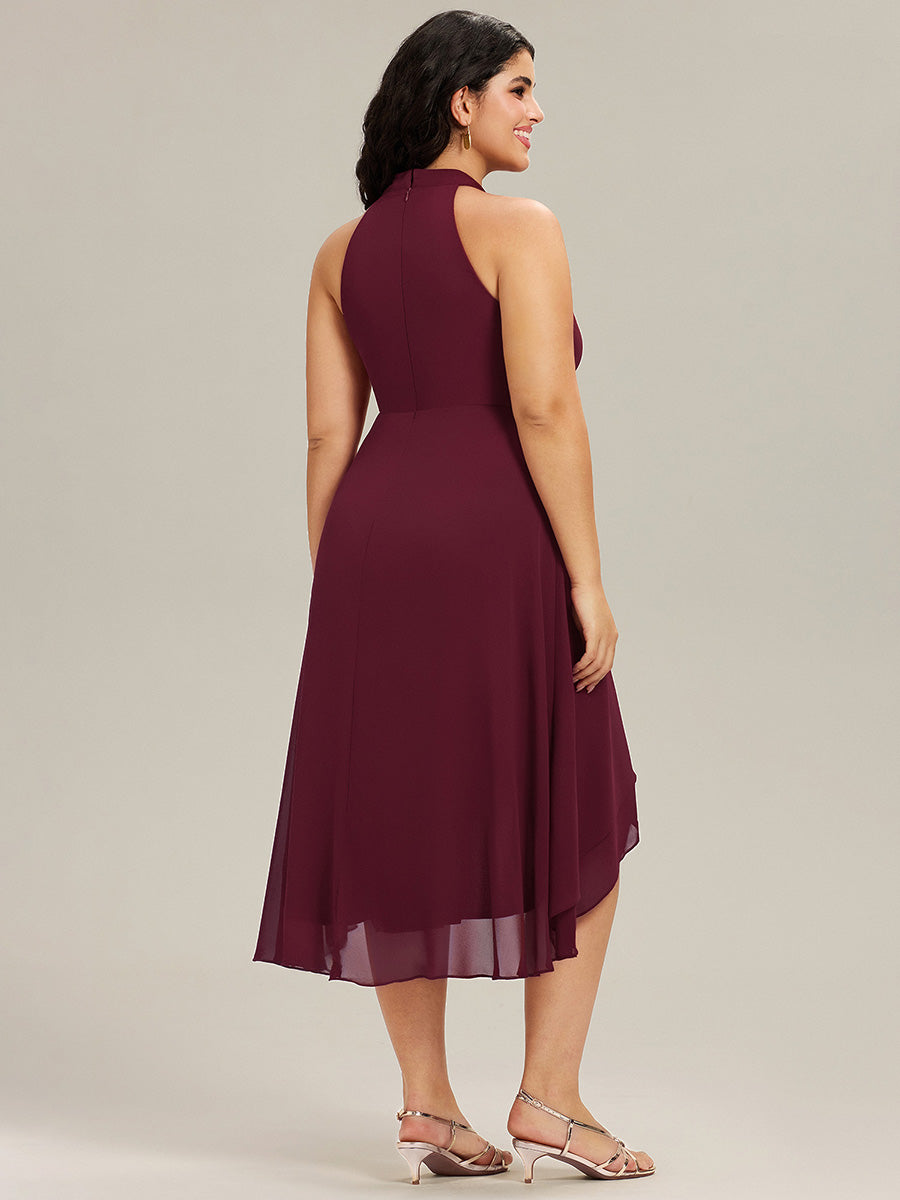 Robe d'invité de mariage mi-longue sans manches et col licou en mousseline de soie #Couleur_Bordeaux