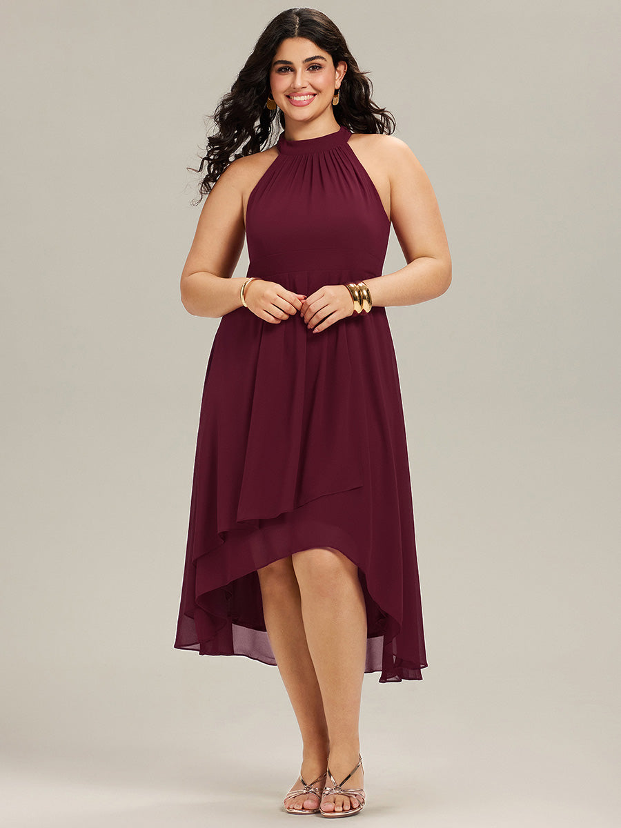 Robe d'invité de mariage mi-longue sans manches et col licou en mousseline de soie #Couleur_Bordeaux